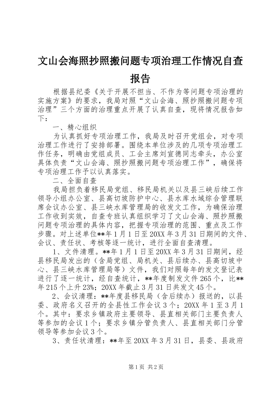 2024年文山会海照抄照搬问题专项治理工作情况自查报告_第1页