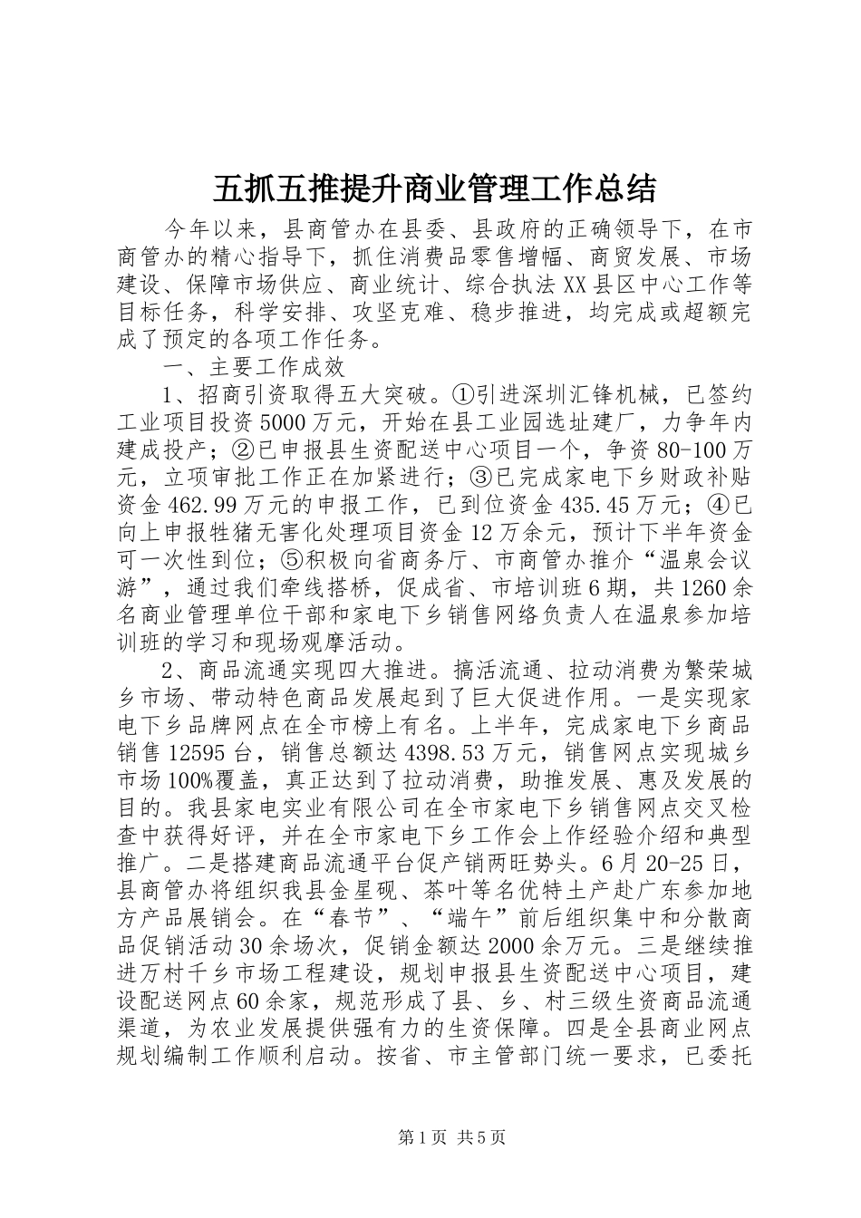 2024年五抓五推提升商业管理工作总结_第1页