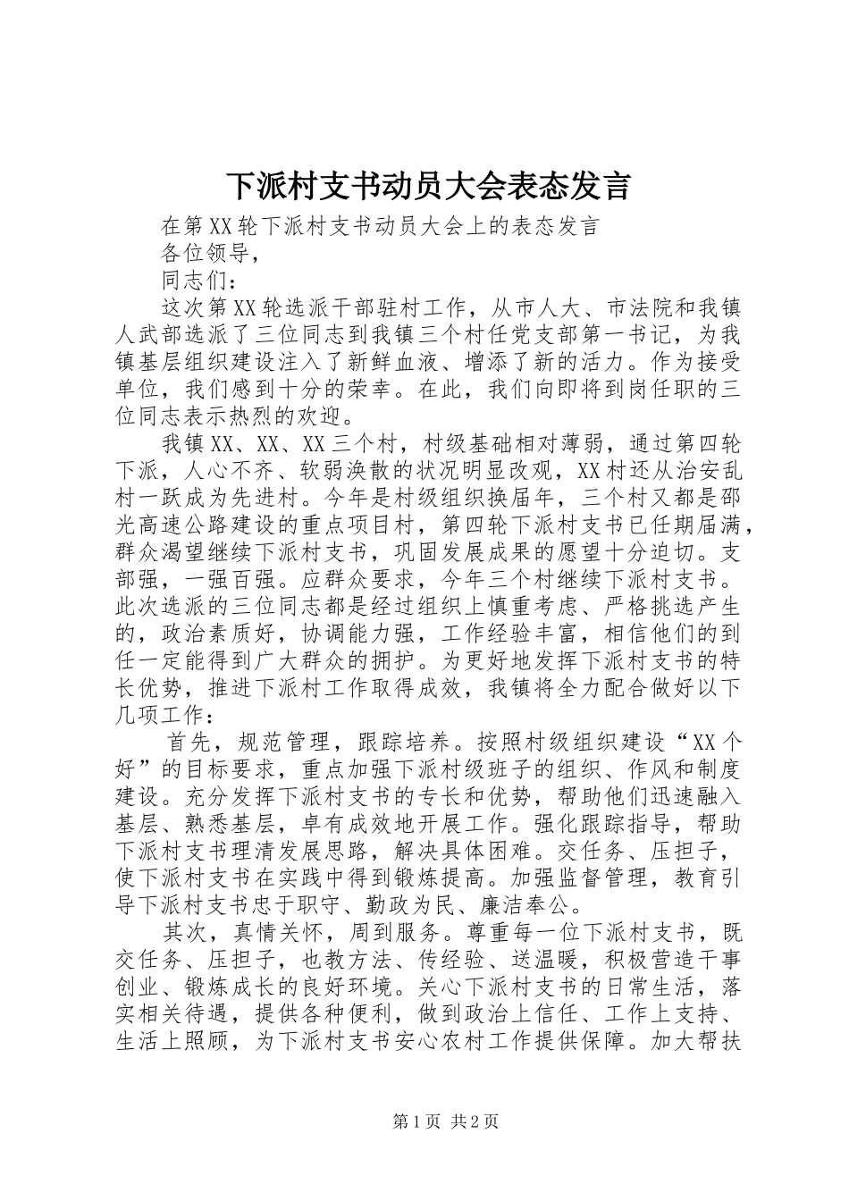 2024年下派村支书动员大会表态讲话_第1页