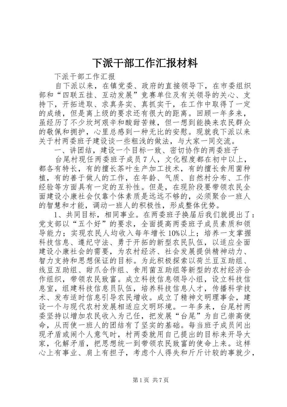 2024年下派干部工作汇报材料_第1页