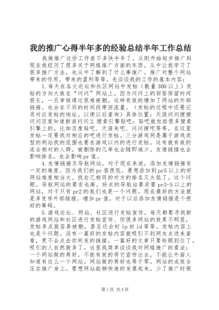 2024年我的推广心得半年多的经验总结半年工作总结