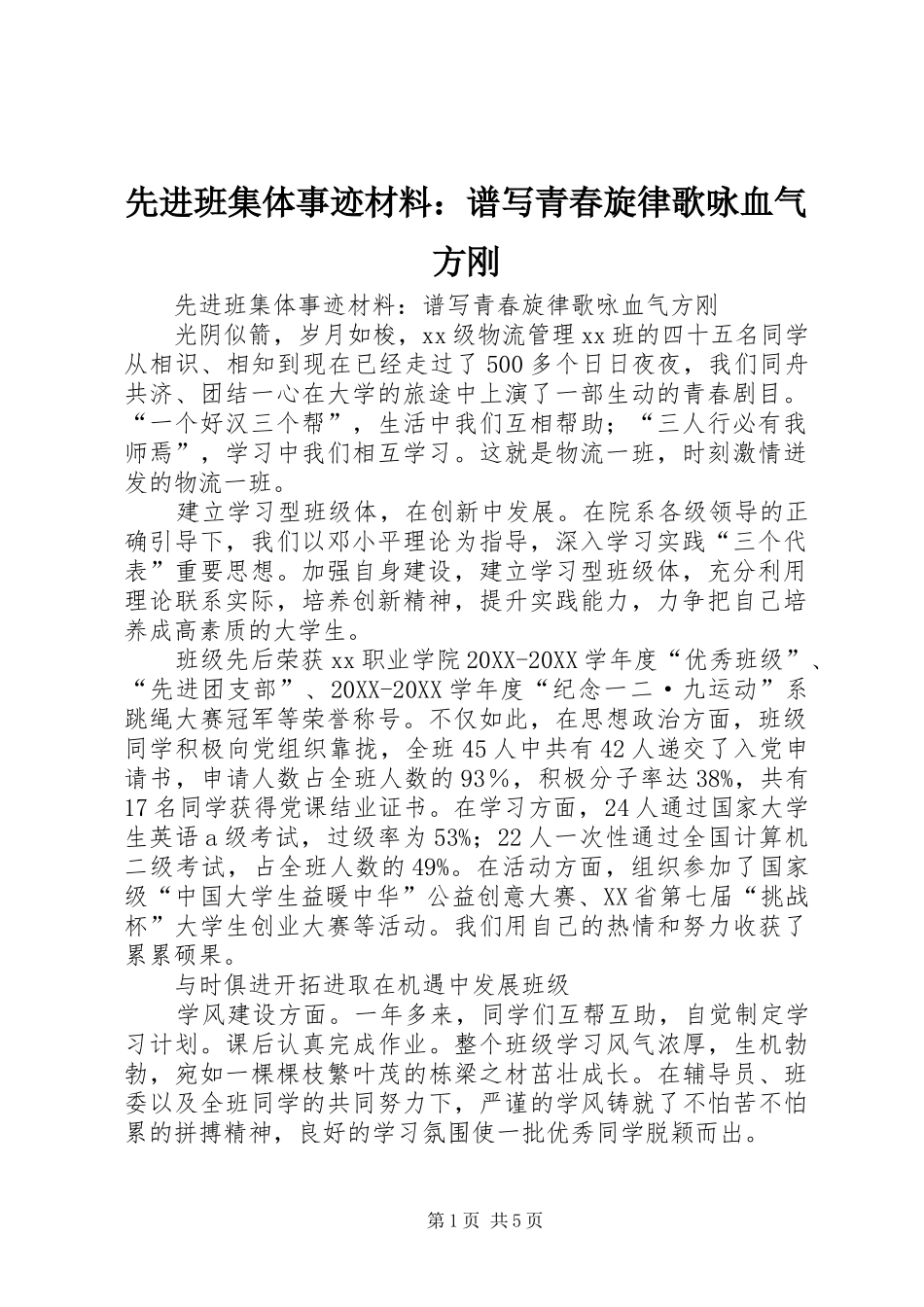 2024年先进班集体事迹材料谱写青春旋律歌咏血气方刚_第1页