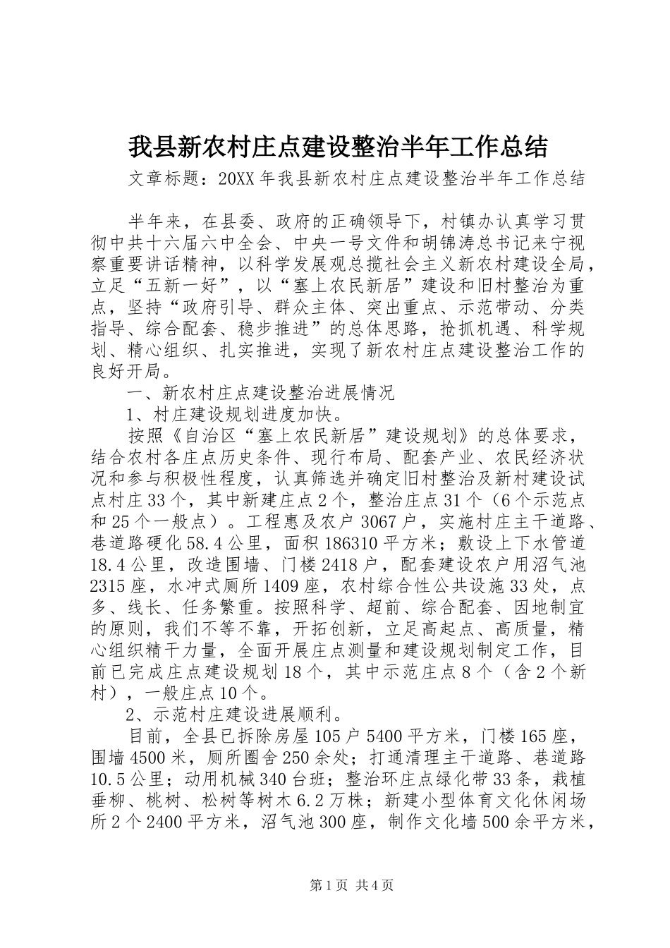 2024年我县新农村庄点建设整治半年工作总结_第1页