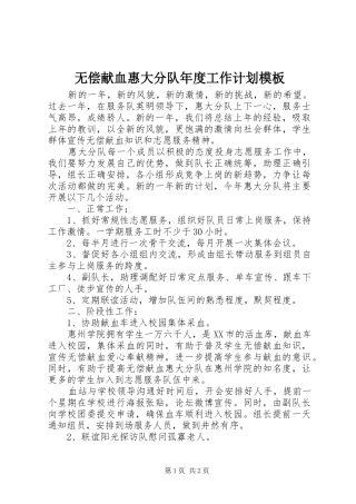 2024年无偿献血惠大分队年度工作计划模板