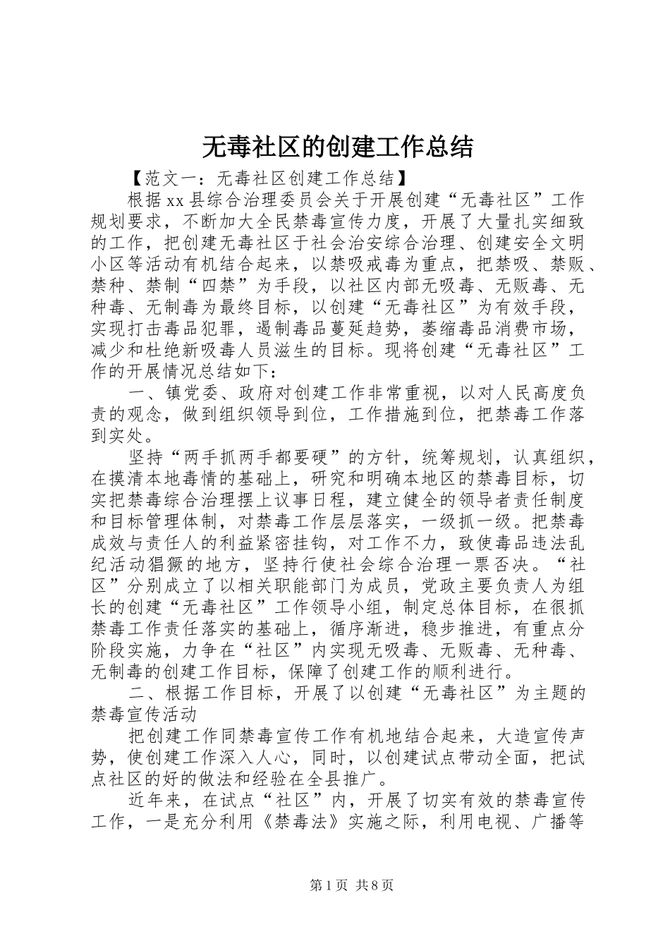 2024年无毒社区的创建工作总结_第1页