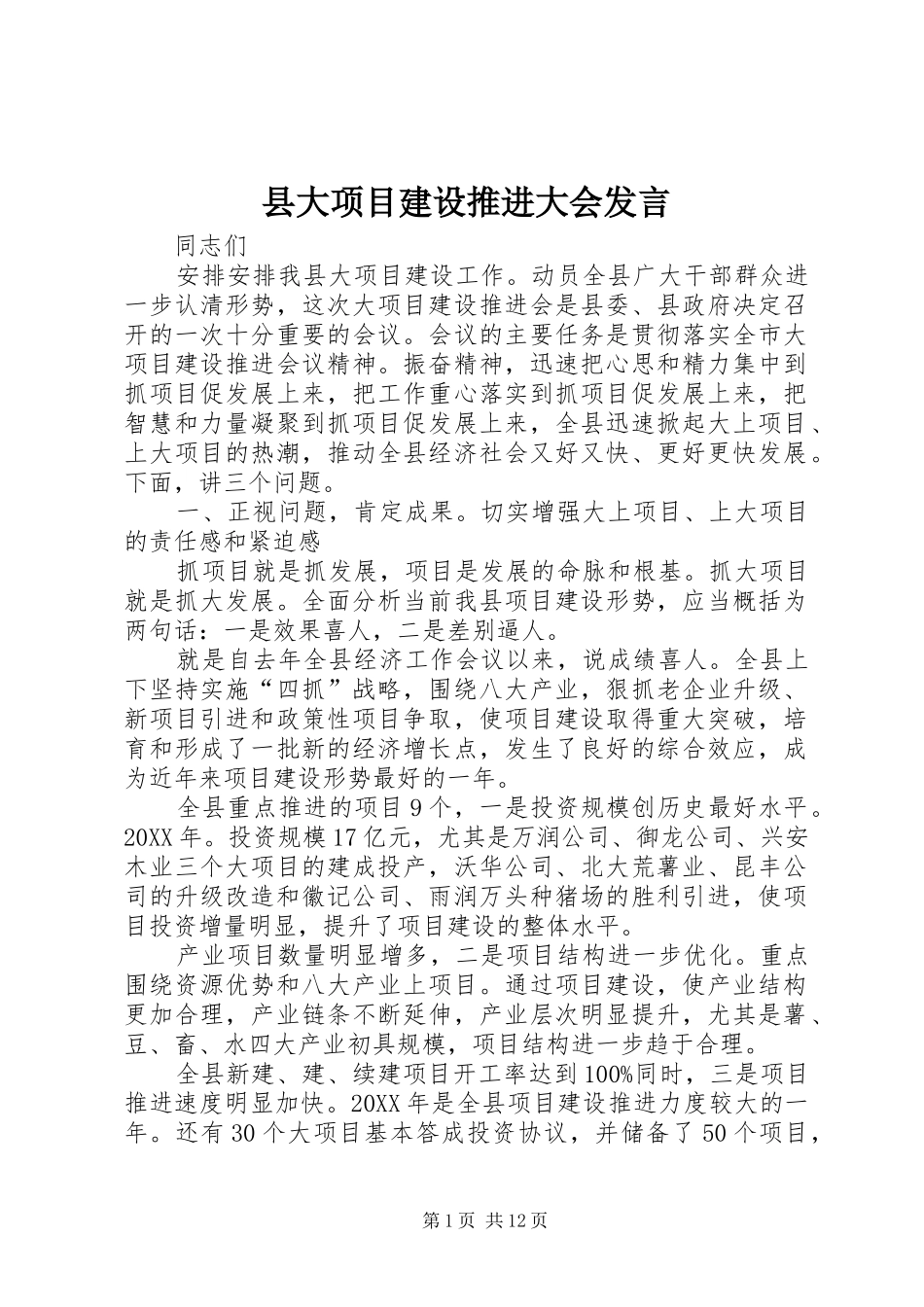 2024年县大项目建设推进大会讲话_第1页