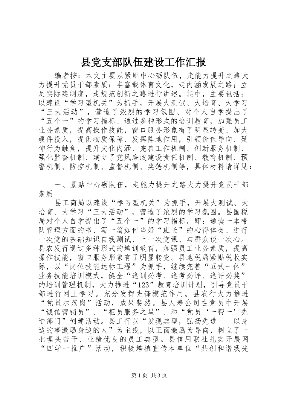 2024年县党支部队伍建设工作汇报_第1页