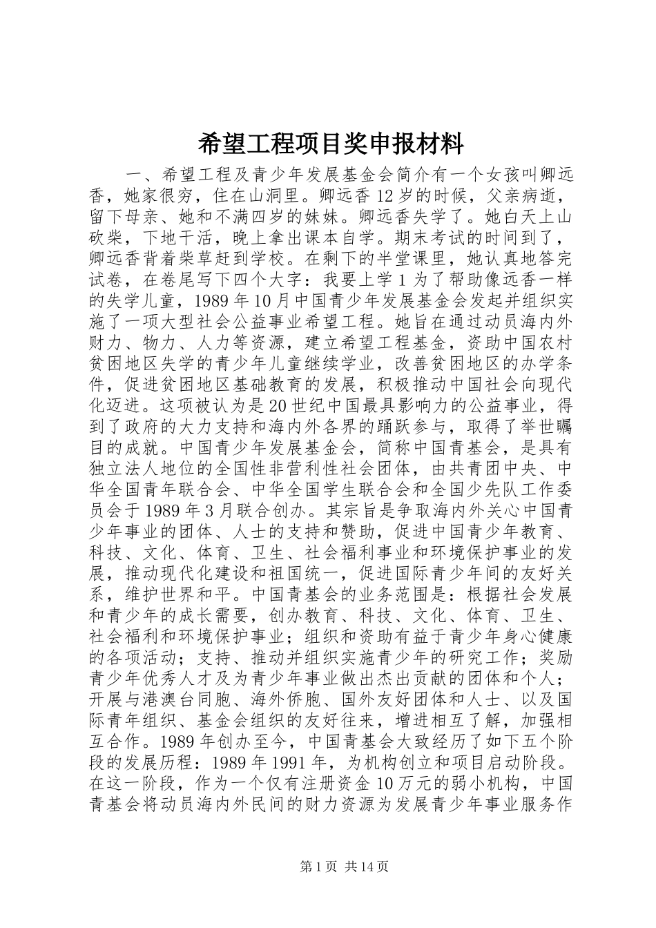 2024年希望工程项目奖申报材料_第1页