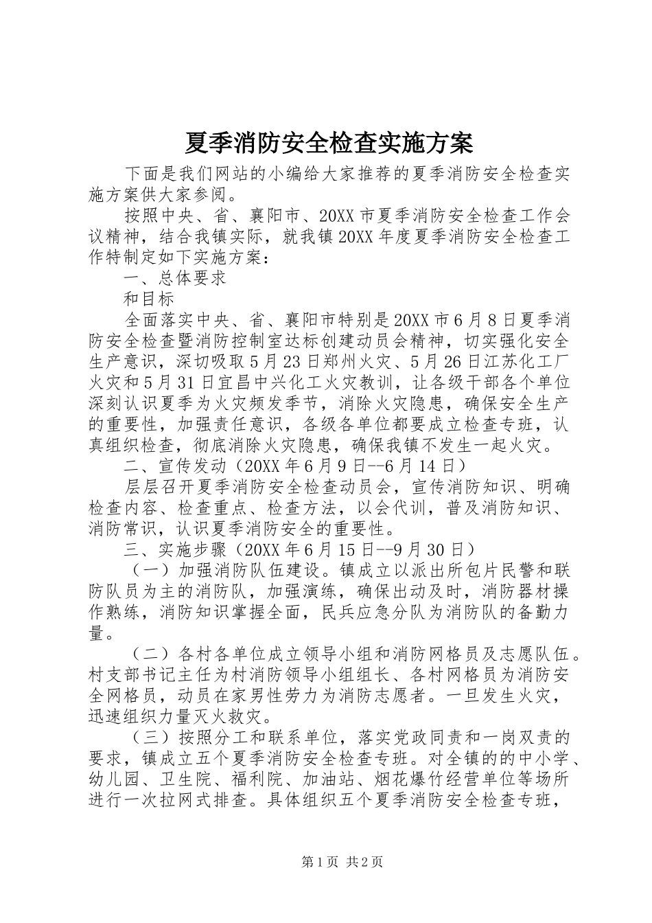 2024年夏季消防安全检查实施方案_第1页