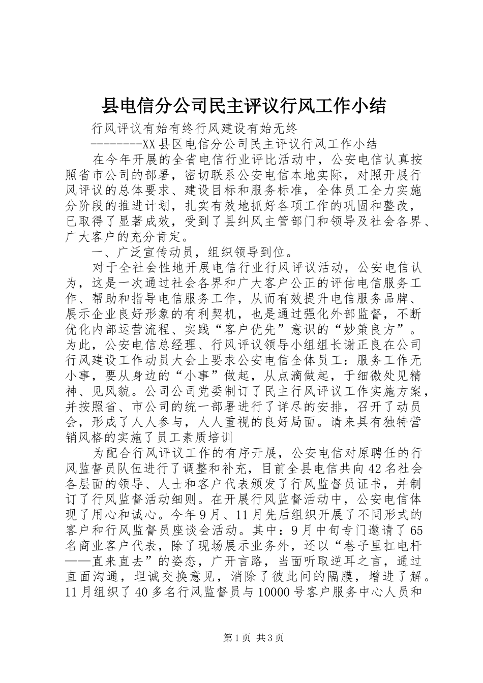 2024年县电信分公司民主评议行风工作小结_第1页