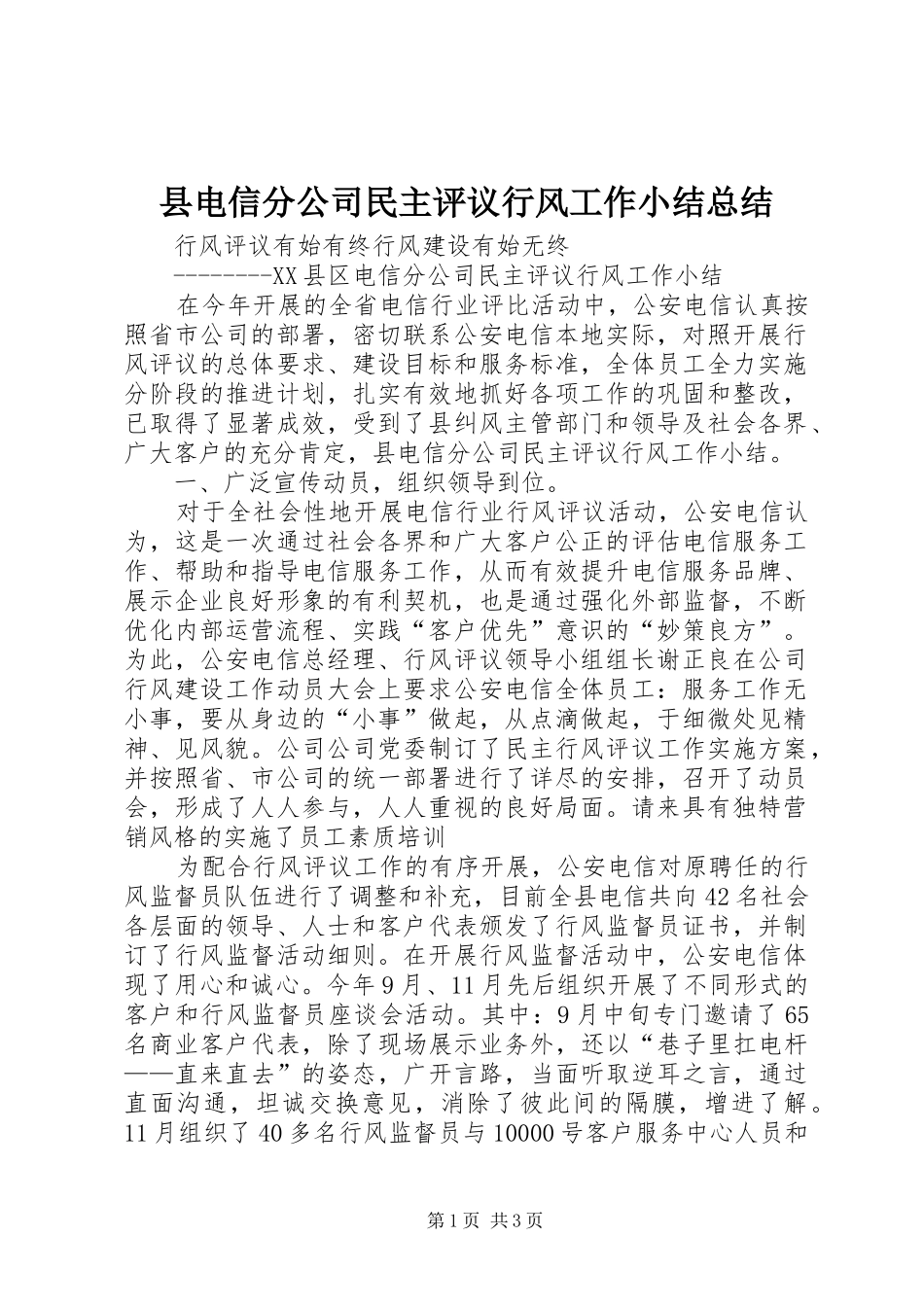 2024年县电信分公司民主评议行风工作小结总结_第1页