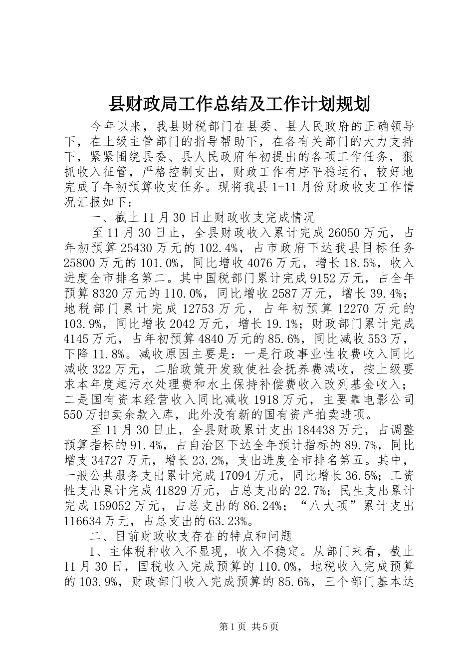 2024年县财政局工作总结及工作计划规划_第1页
