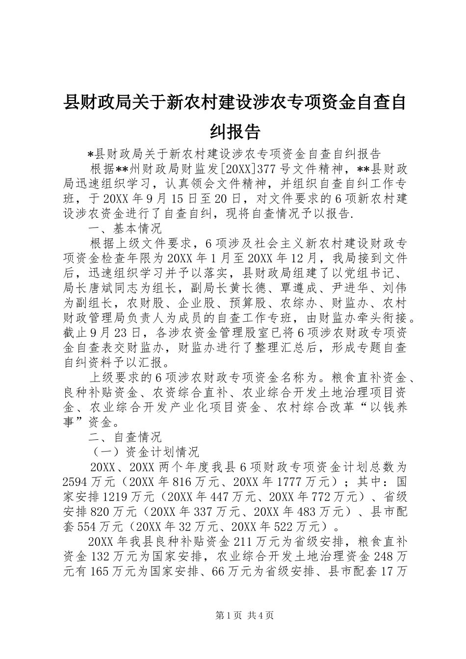 2024年县财政局关于新农村建设涉农专项资金自查自纠报告_第1页