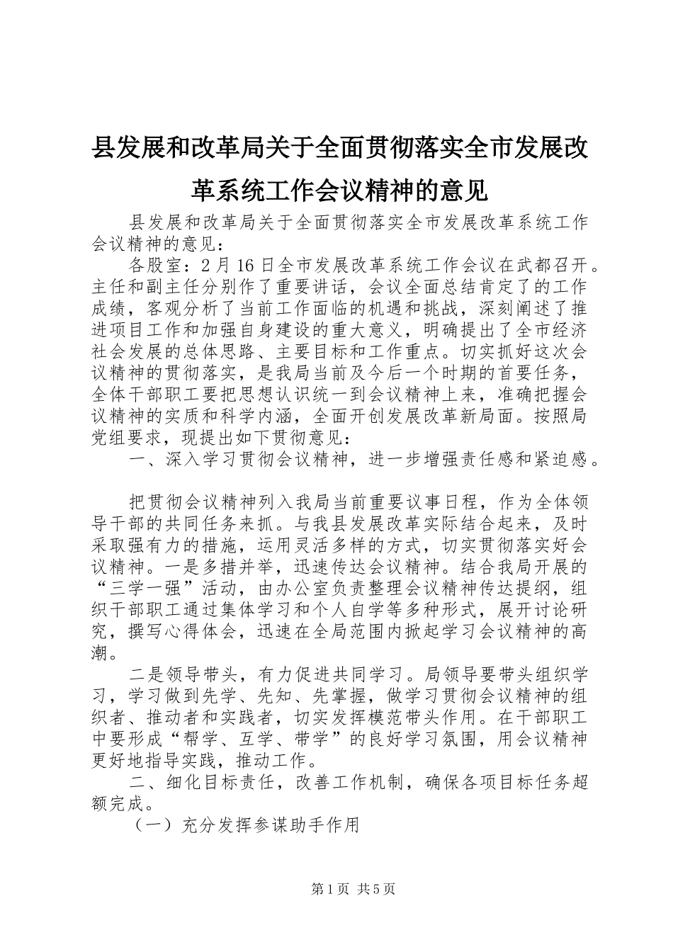 2024年县发展和改革局关于全面贯彻落实全市发展改革系统工作会议精神的意见_第1页
