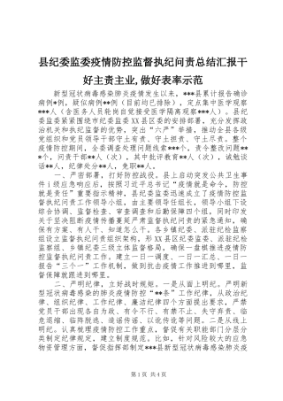 2024年县纪委监委疫情防控监督执纪问责总结汇报干好主责主业做好表率示范