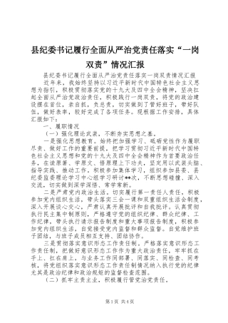 2024年县纪委书记履行全面从严治党责任落实一岗双责情况汇报