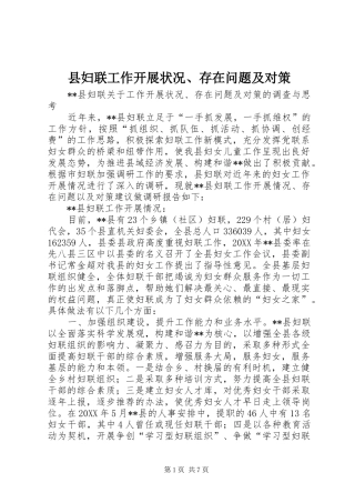 2024年县妇联工作开展状况存在问题及对策