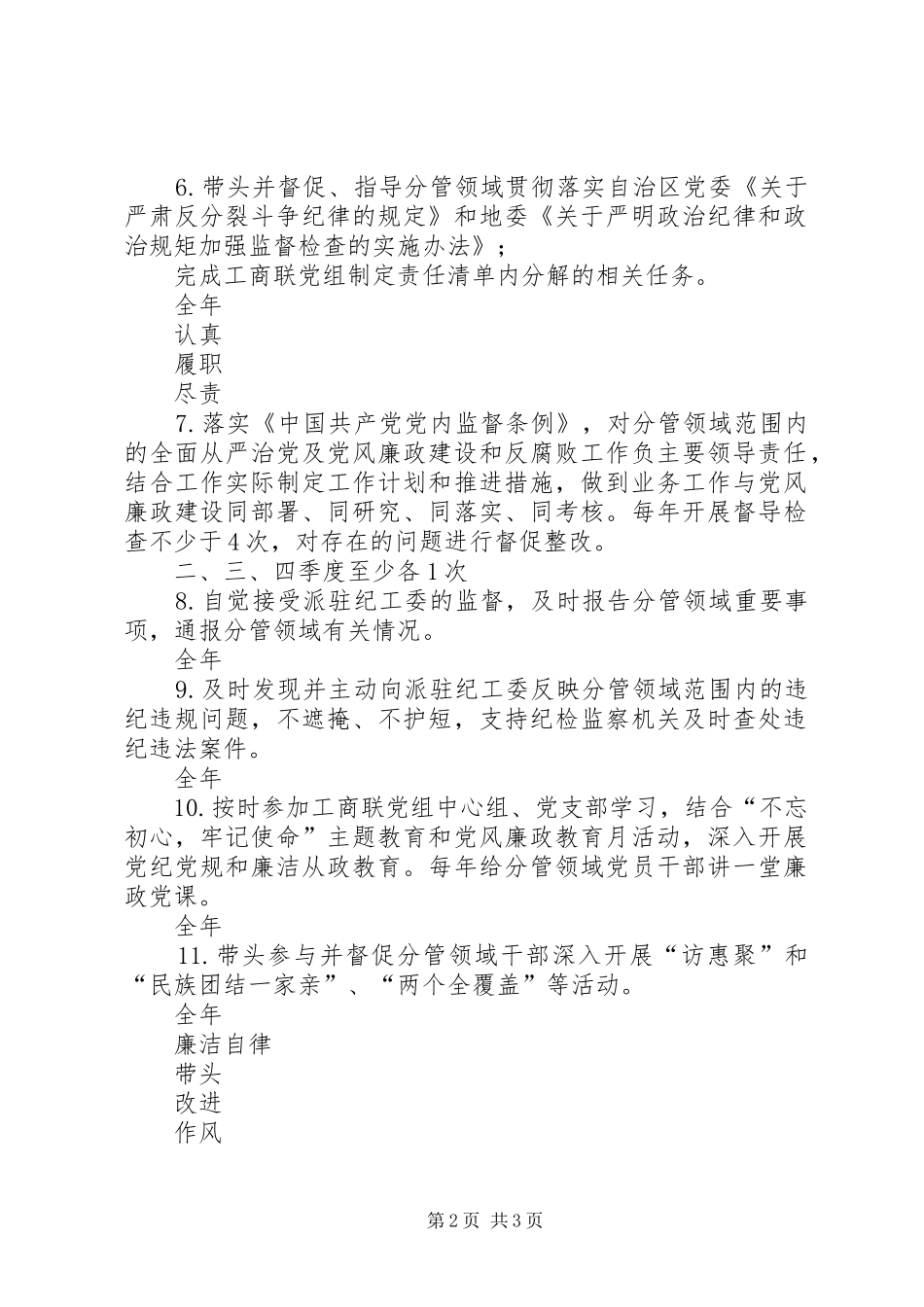 2024年县工商联党组班子成员履行全面从严治党一岗双责责任清单_第2页