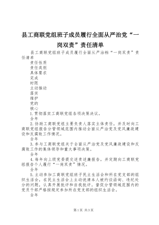 2024年县工商联党组班子成员履行全面从严治党一岗双责责任清单
