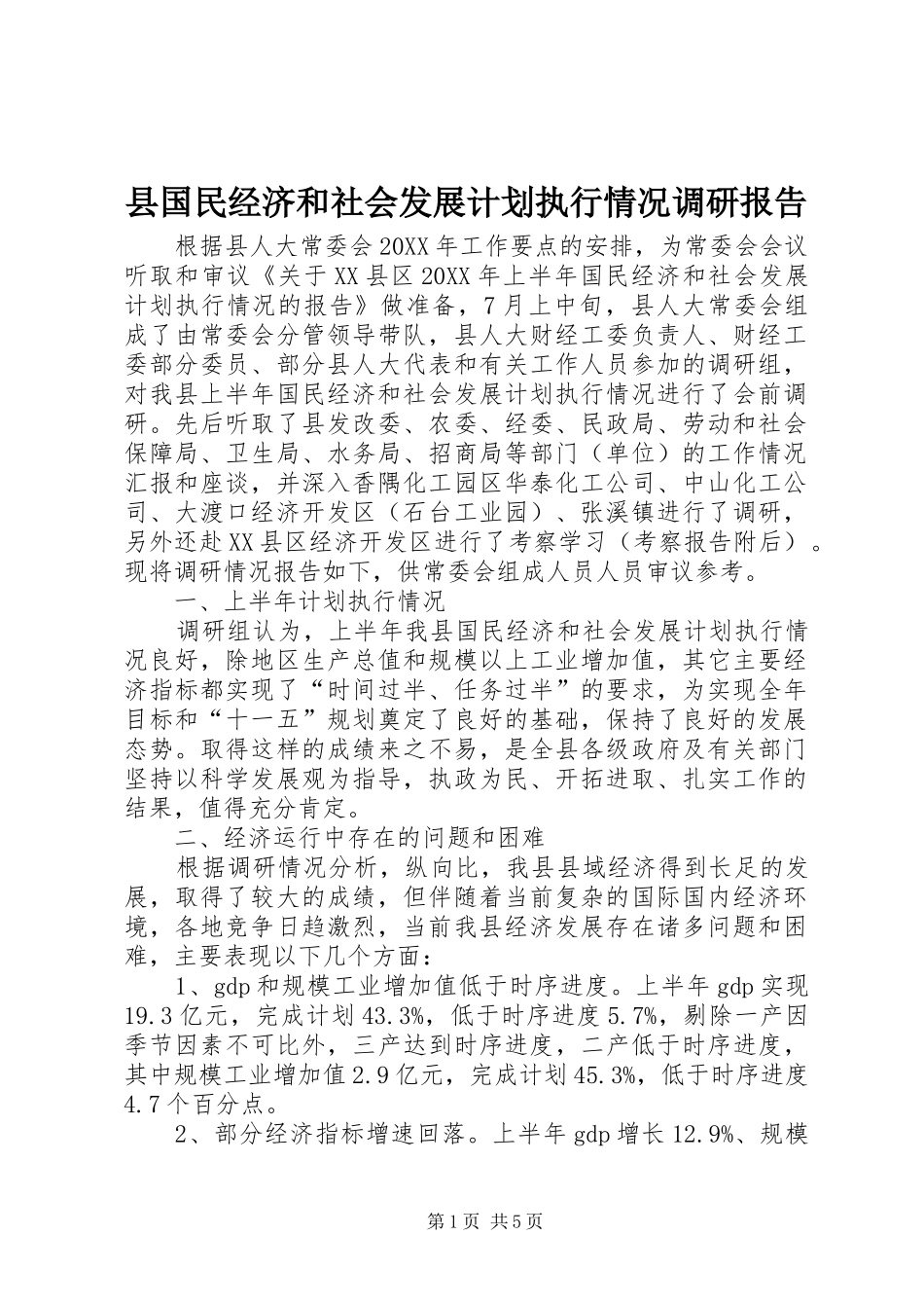 2024年县国民经济和社会发展计划执行情况调研报告_第1页