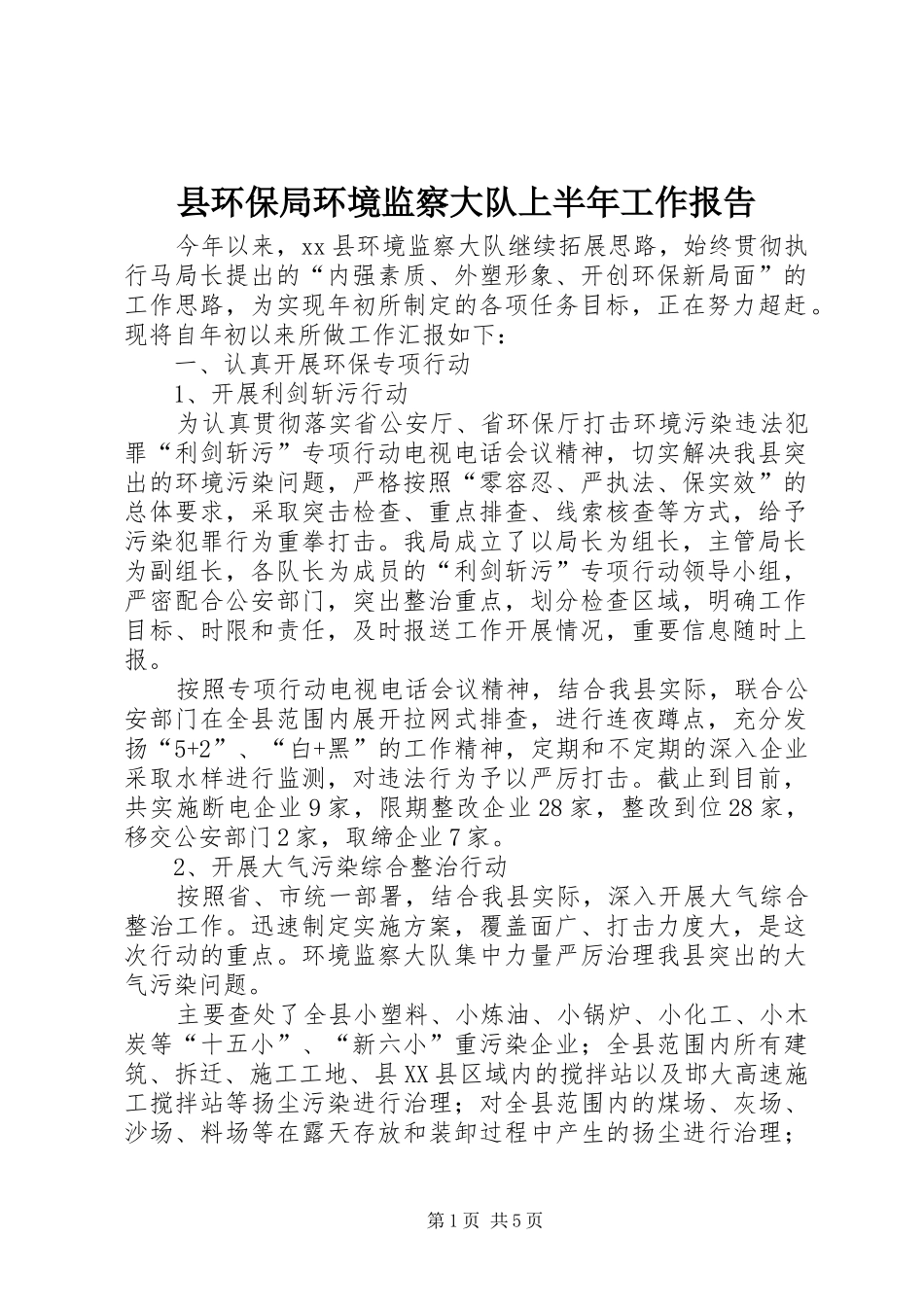 2024年县环保局环境监察大队上半年工作报告_第1页