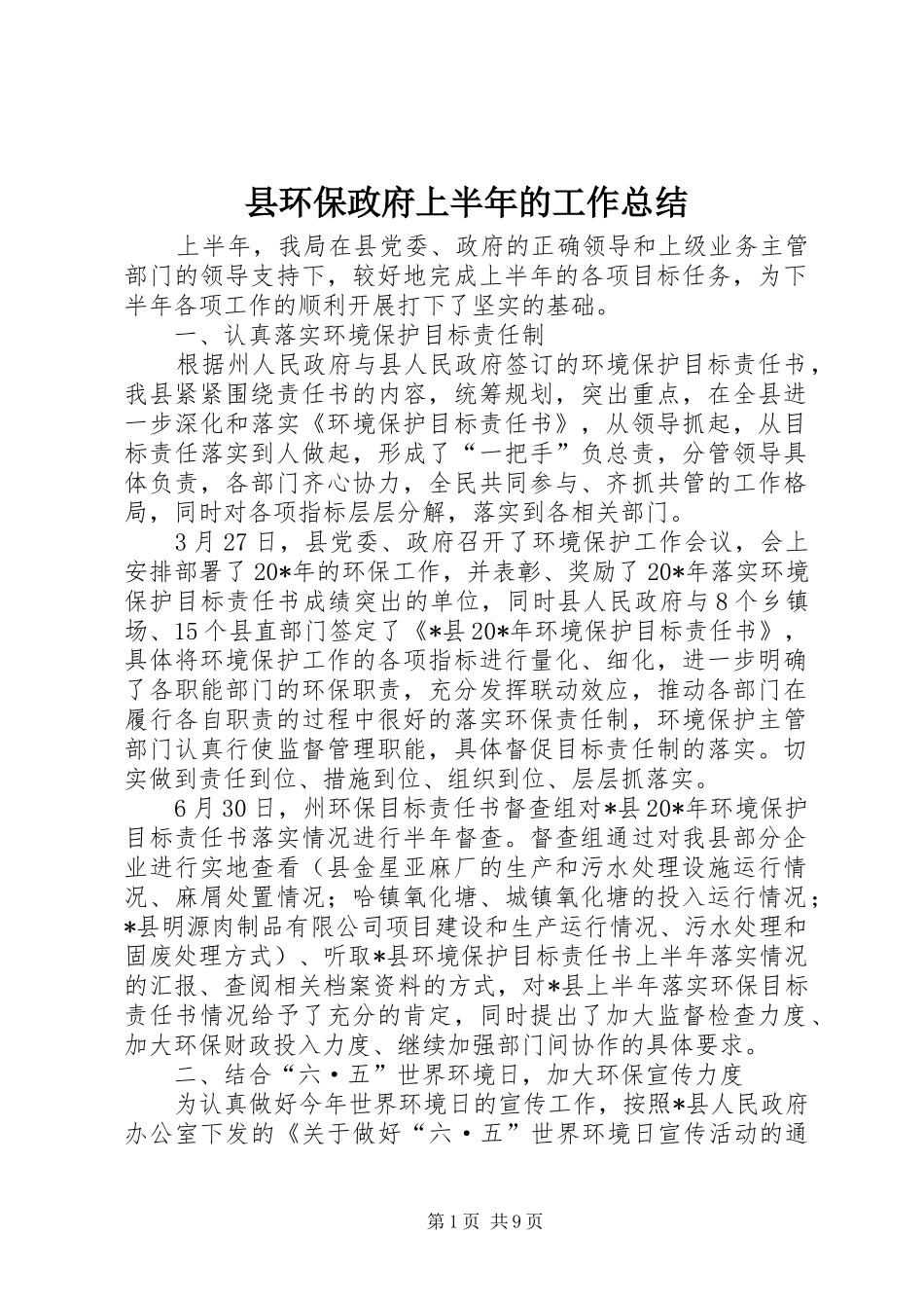 2024年县环保政府上半年的工作总结_第1页