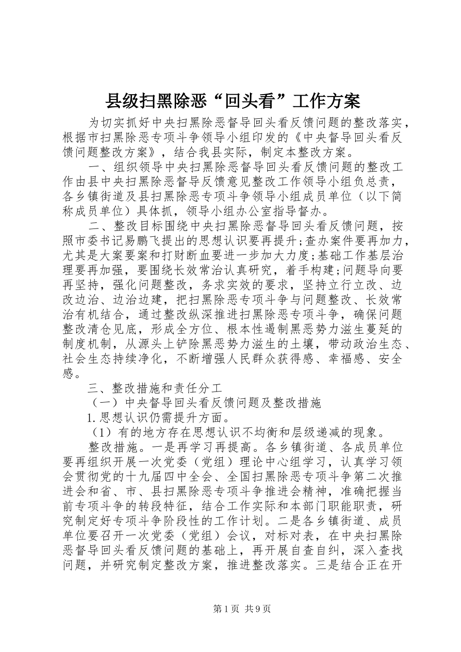 2024年县级扫黑除恶回头看工作方案_第1页