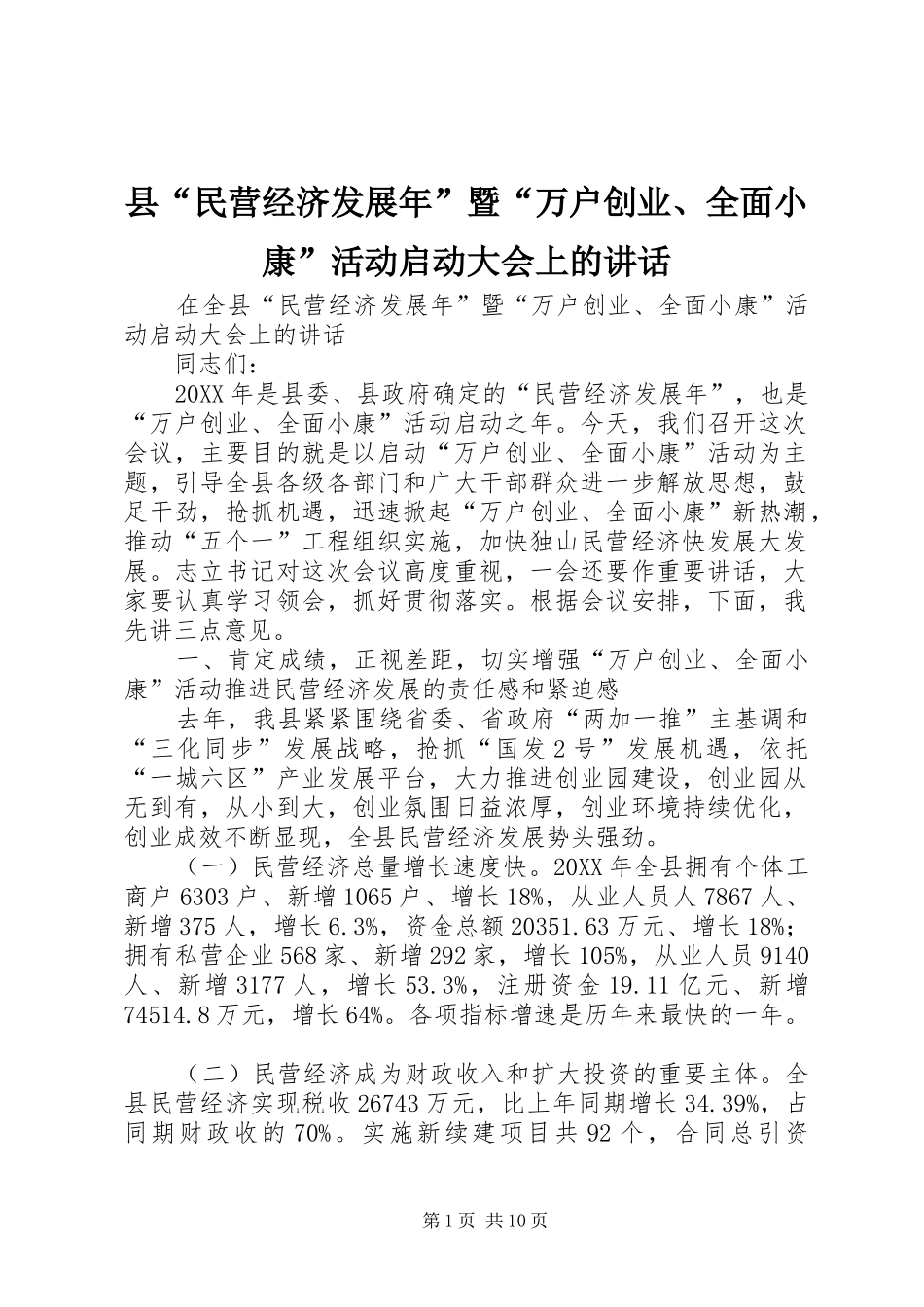 2024年县民营经济发展年暨万户创业全面小康活动启动大会上的致辞_第1页