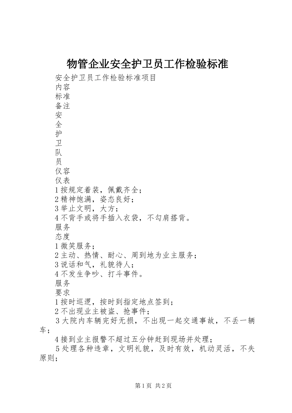 2024年物管企业安全护卫员工作检验标准_第1页