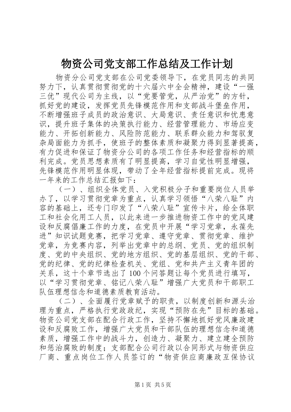 2024年物资公司党支部工作总结及工作计划_第1页