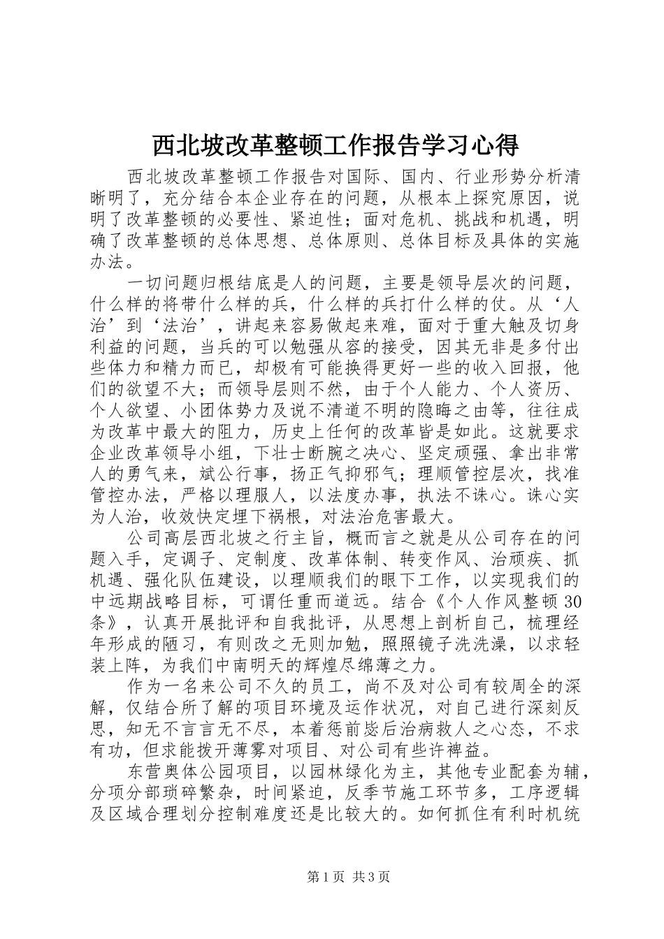 2024年西北坡改革整顿工作报告学习心得_第1页