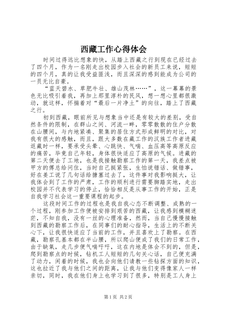 2024年西藏工作心得体会_第1页