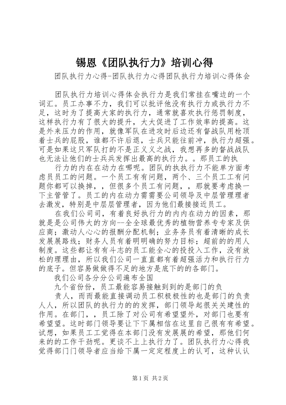2024年锡恩团队执行力培训心得_第1页