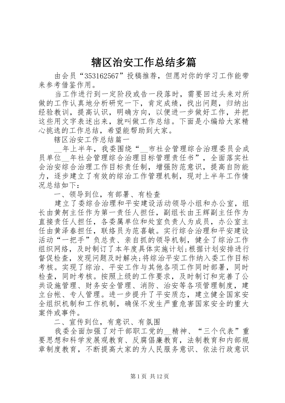 2024年辖区治安工作总结多篇_第1页