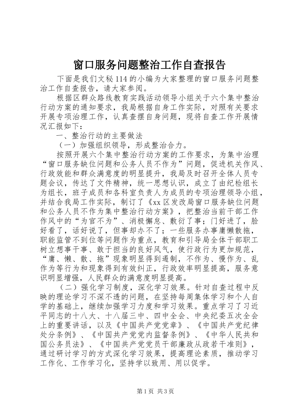 2024年窗口服务问题整治工作自查报告_第1页