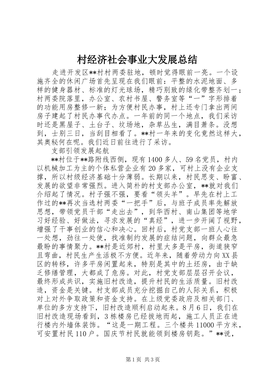 2024年村经济社会事业大发展总结_第1页