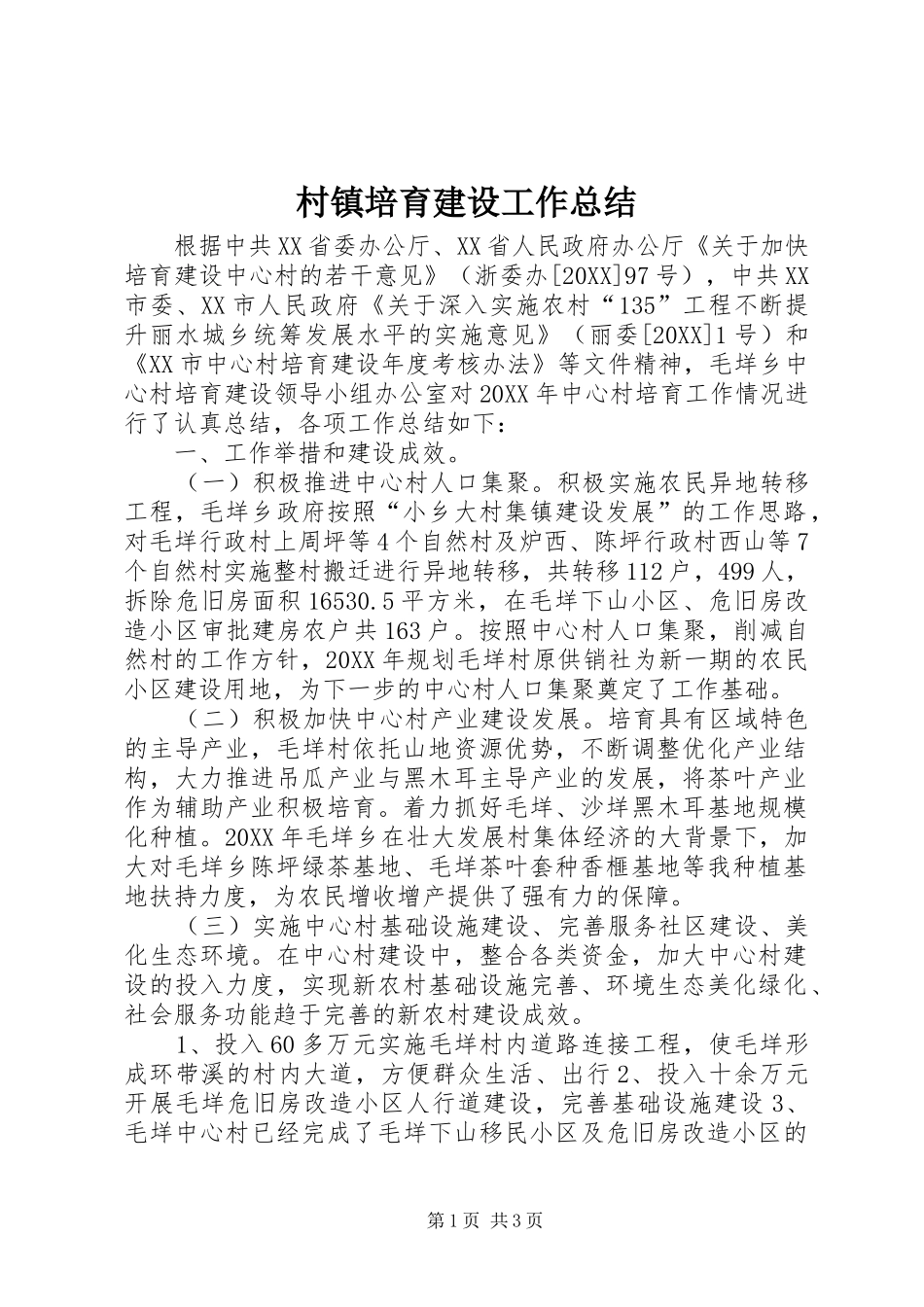 2024年村镇培育建设工作总结_第1页