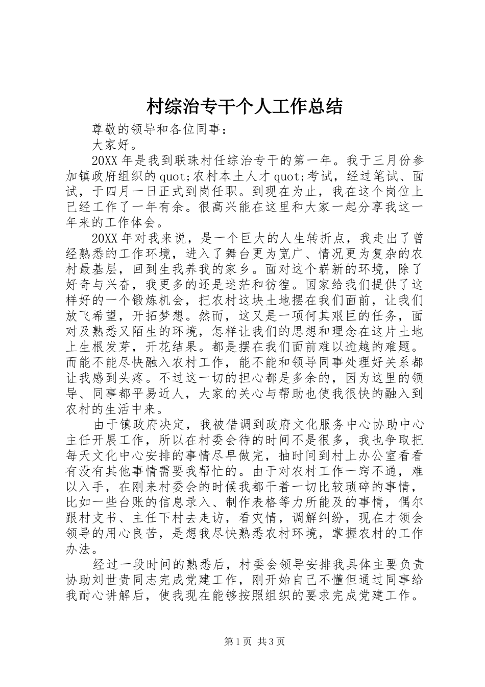 2024年村综治专干个人工作总结_第1页