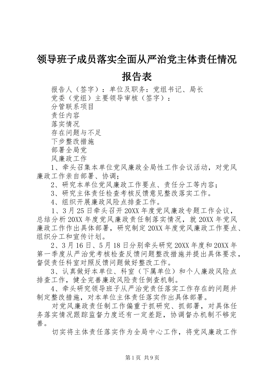 2024年领导班子成员落实全面从严治党主体责任情况报告表_第1页