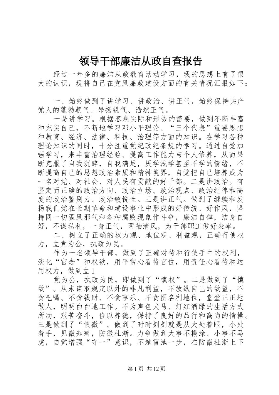 2024年领导干部廉洁从政自查报告_第1页
