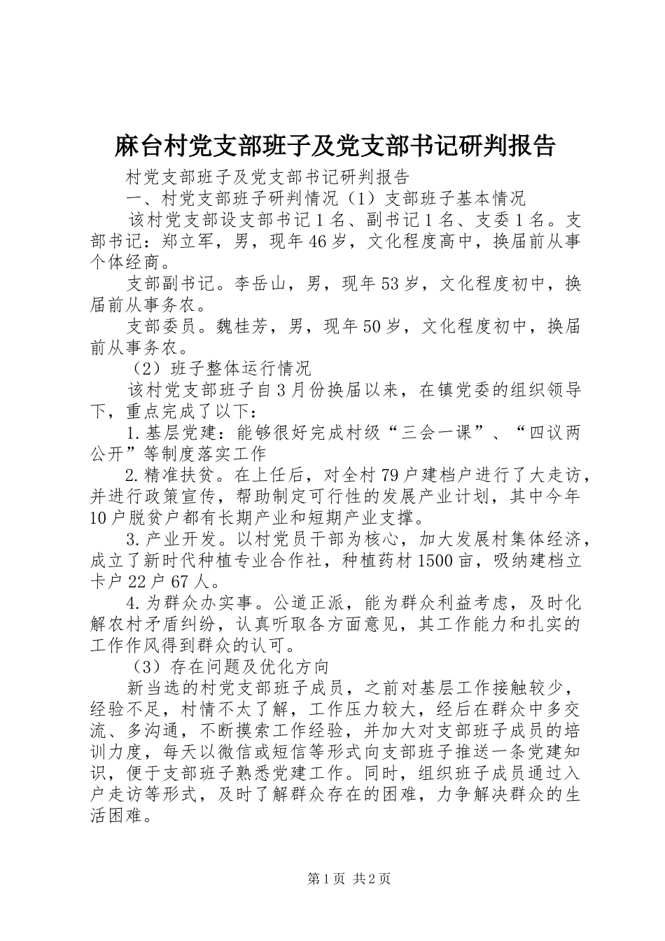2024年麻台村党支部班子及党支部书记研判报告_第1页