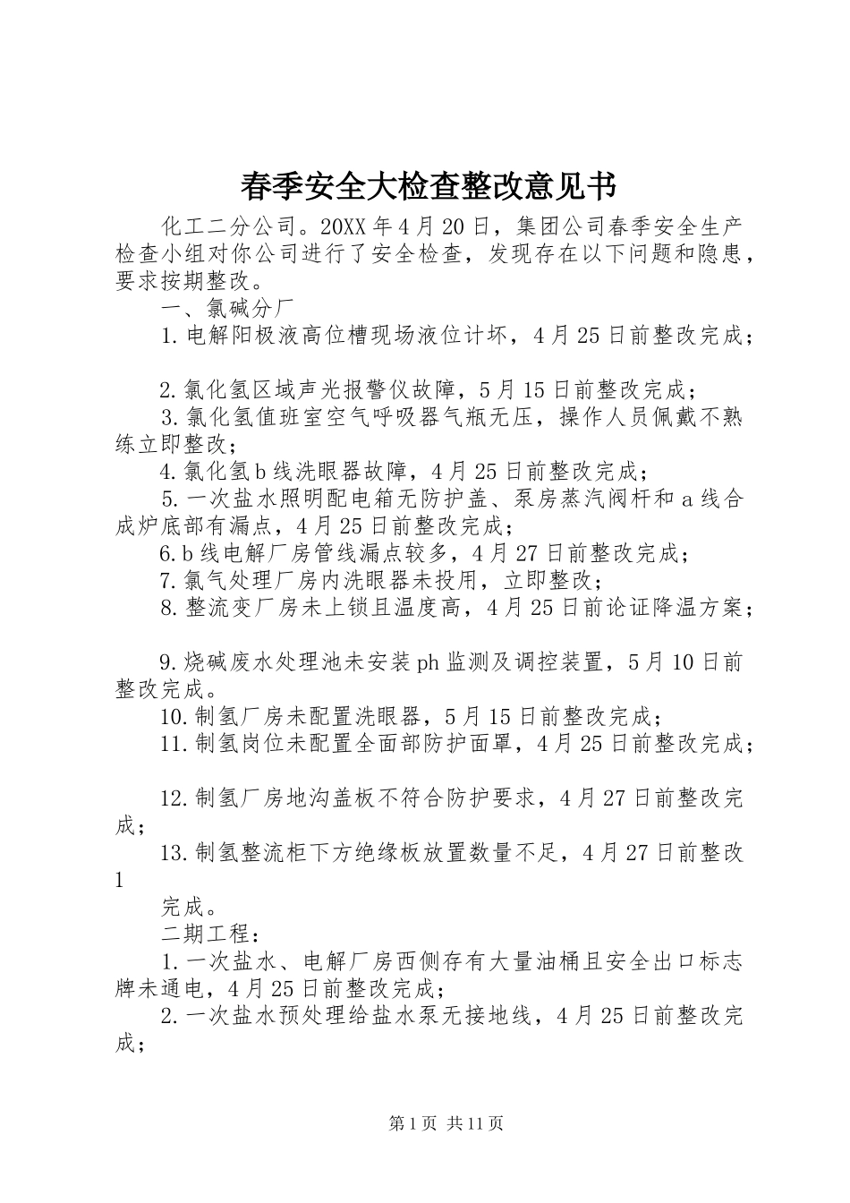2024年春季安全大检查整改意见书_第1页