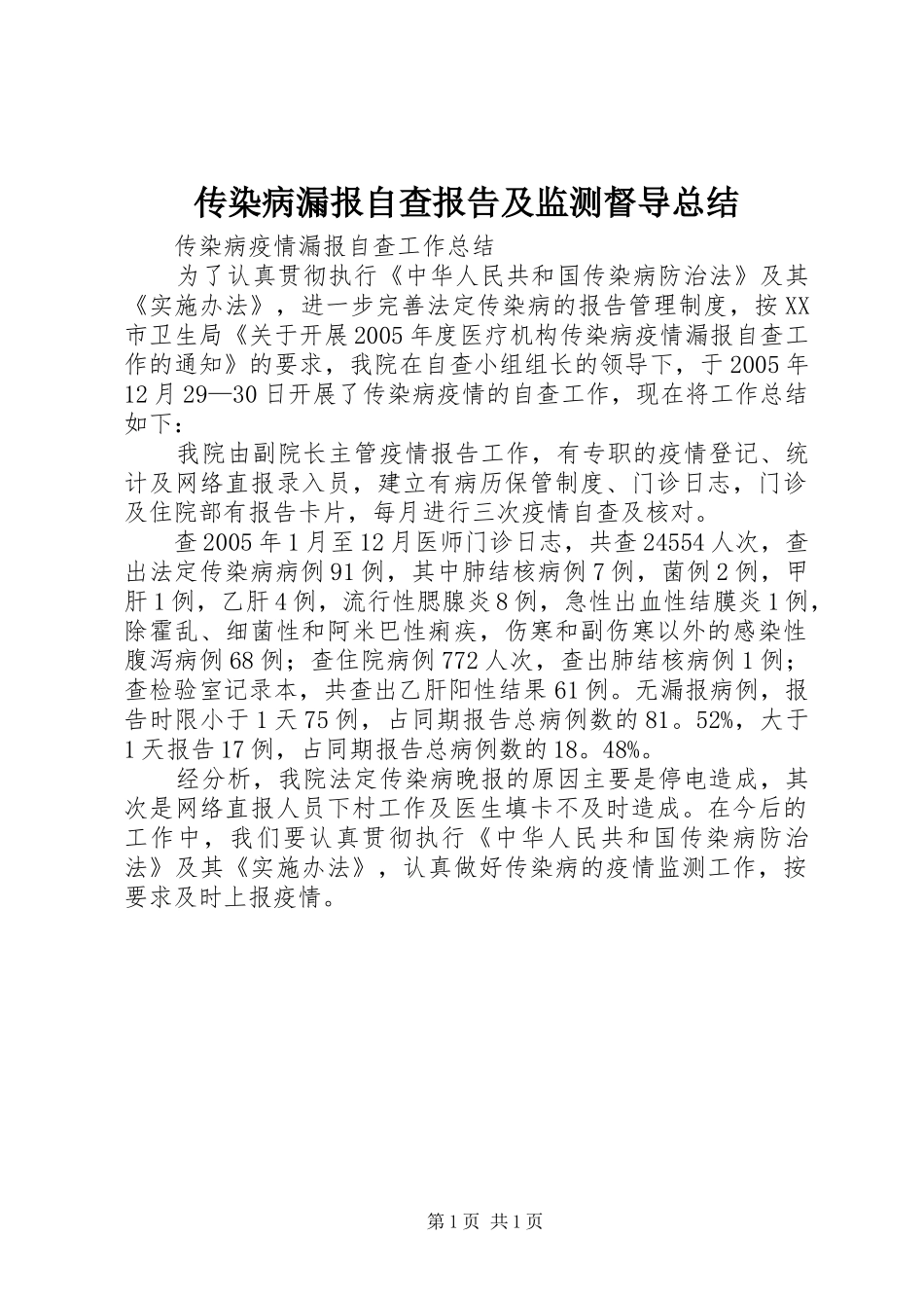 2024年传染病漏报自查报告及监测督导总结_第1页
