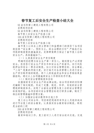 2024年春节复工后安全生产检查小结大全