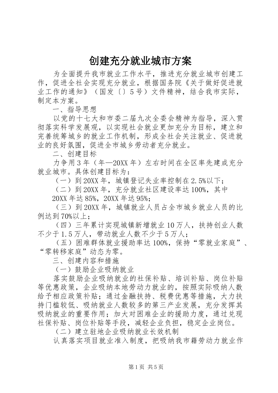 2024年创建充分就业城市方案_第1页