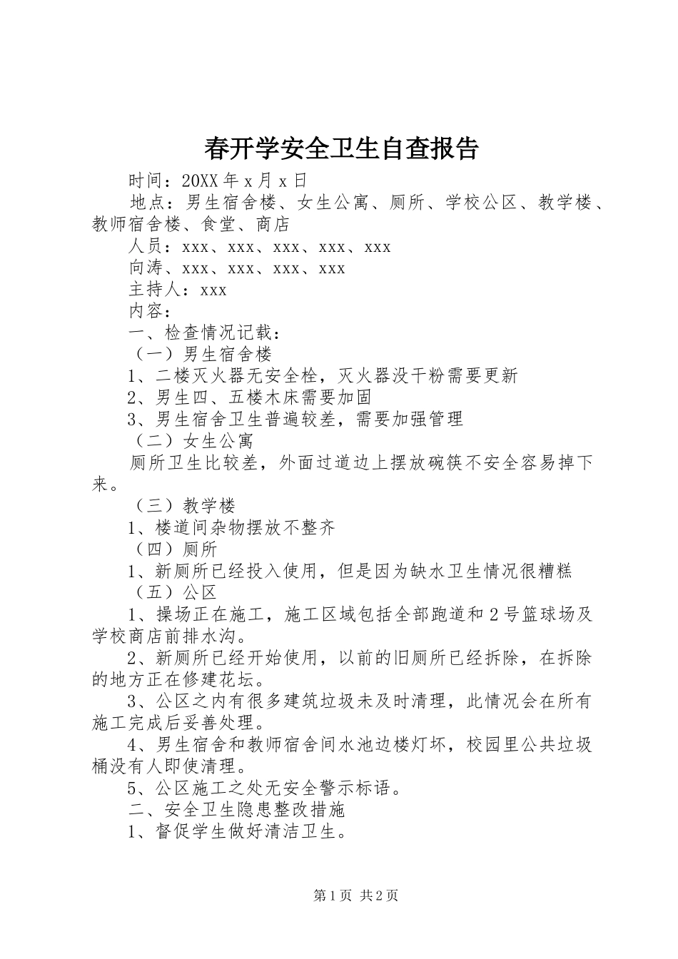 2024年春开学安全卫生自查报告_第1页