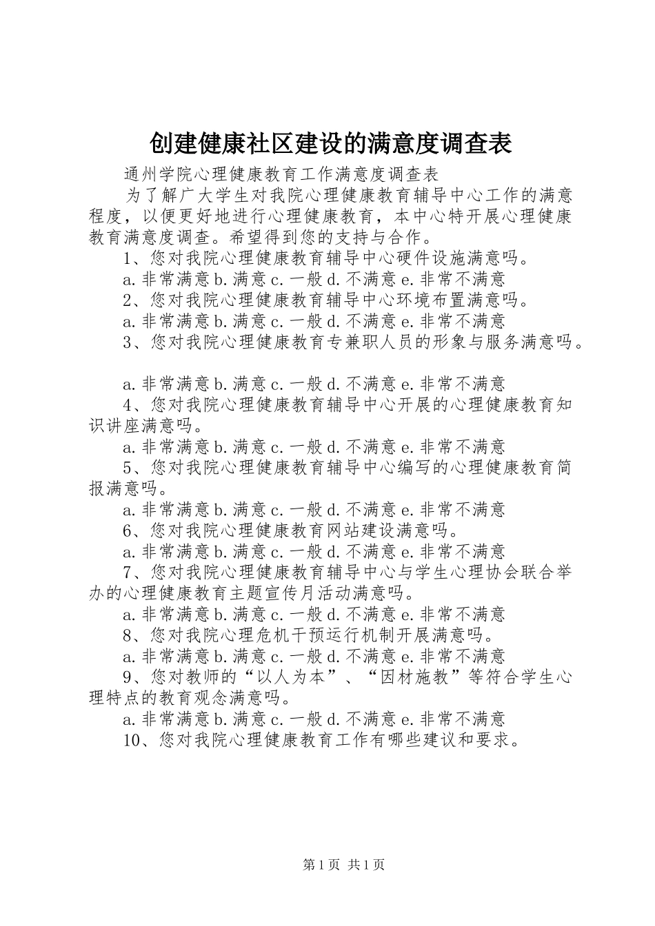 2024年创建健康社区建设的满意度调查表_第1页