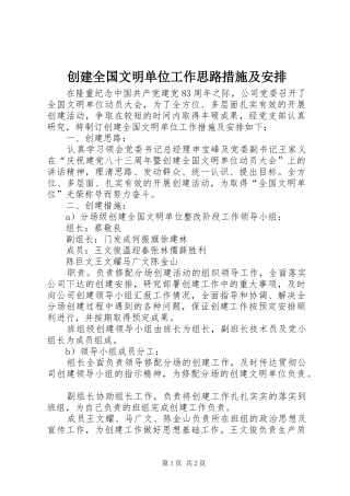 2024年创建全国文明单位工作思路措施及安排