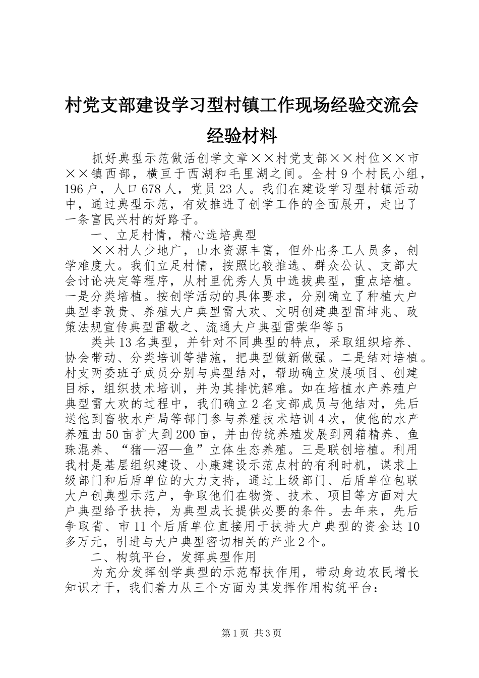 2024年村党支部建设学习型村镇工作现场经验交流会经验材料_第1页