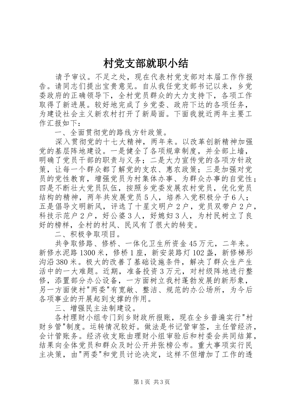 2024年村党支部就职小结_第1页